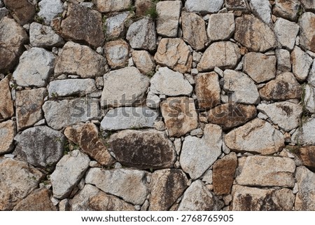 A close-up view of an irregular stone wall with rough textures and natural color variations