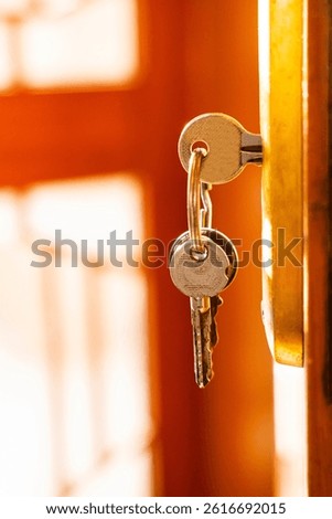 A close-up view of a key hanging in the lock of a golden brown door, showcasing the intricate details of the keyhole and lock. The warm tones of the wooden door create an inviting and secure atmospher