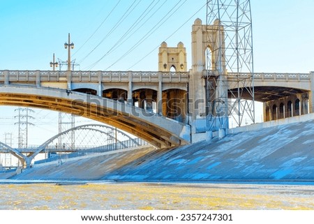 Close-up view of the LA River and the 6th Street Bridge elements.