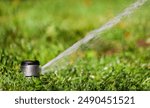 A close-up view of a lawn sprinkler watering green grass. Lawn sprinkler watering grass. Automatic garden watering system sprinkler.