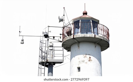 Close-up view of a lighthouse tower featuring a metal observation deck, communication antennas, and a navigation light, isolated on a white background.