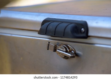 Closeup View Of Locking Latch Of Steel Ice Chest 