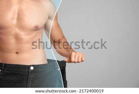 Closeup view of man with slim body in oversized jeans on grey background, space for text. Weight loss