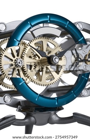 A closeup view of a mechanical clock's internal gears, showcasing intricate blue and gold components. The detailed gears and mechanisms are prominently displayed, highlighting the precision and...