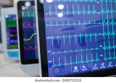 Close-up view of the medical monitor showing heart rate and vital symptoms. The cardiac event monitor records the electrical activity of the heart (ECG). - Powered by Shutterstock