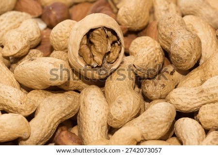 Closeup view of mixture of different types of tree nuts in the shells