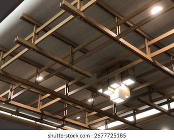 A close-up view of a modern ceiling with a complex grid of light brown beams. The geometric pattern is accented by several recessed lights and a central hanging lamp, giving the space a clean