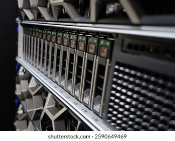 A close-up view of a modern data center server rack showcasing multiple storage units and LED indicators, emphasizing technology and connectivity in computing environments.