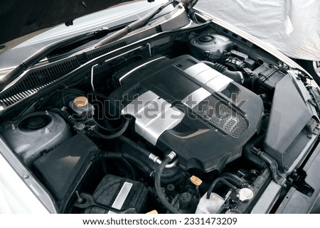 Close-Up View of modern Engine - Showcasing the Intricate Details of the Combustion System in the Front. Naturally aspirated gasoline engine.