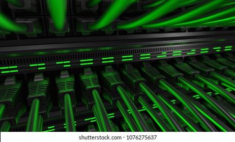 Close-up view of modern internet network switch with plugged ethernet cables. Blinking green lights on internet server.  