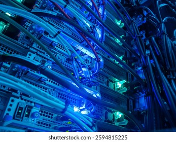 Close-up view of a modern server room featuring glowing LED lights and intricate cables. The image showcases the complexity of data infrastructure and connectivity.