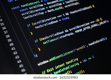 Close-up view of a monitor with a dark background presenting front-end development code snippets, specifically managing user interaction and implementing custom logic - Powered by Shutterstock - Get 15% off with code: PIKWIZARD15