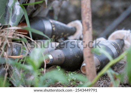 Close-up view of mortar shells lying on the ground, surrounded by grass and foliage, highlighting the weaponry used in the ongoing conflict. The setting shows the reality of the front line