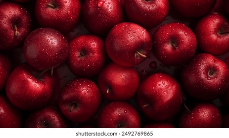 A close-up view of multiple fresh red apples with water droplets on them, creating a vibrant and appetizing look.