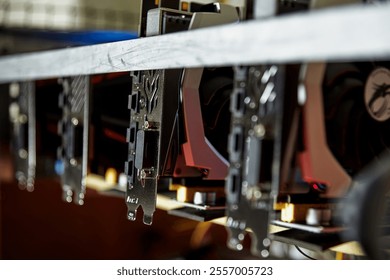 Close-up view multiple graphics cards mining rig cryptocurrency mining equipment high-performance GPUs computer hardware technology blockchain decentralized finance digital currency mining farm - Powered by Shutterstock