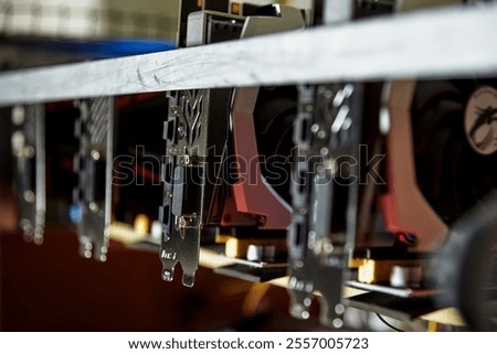Close-up view multiple graphics cards mining rig cryptocurrency mining equipment high-performance GPUs computer hardware technology blockchain decentralized finance digital currency mining farm