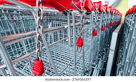 A close-up view of multiple nested shopping carts, showcasing their shiny metal frames and red plastic locking mechanisms.