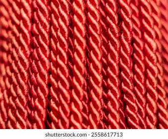 Close-up view of multiple twisted red rope strands highlighting their intricate texture.
