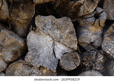 Close-up view of natural wood log cross-sections with visible annual rings and textures in soft daylight. Organic texture, forest aesthetics, natural patterns, and eco-friendly design inspiration