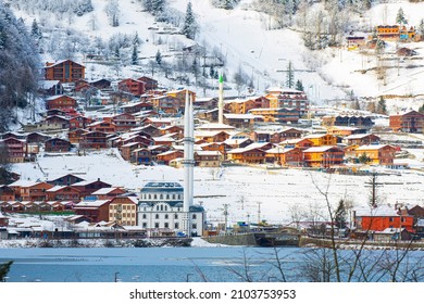 Close-up View Of Uzungöl Nature Park And Mosque In Caykara, Trabzon, Under The Snow.