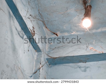 A close-up view of a neglected concrete ceiling corner, featuring a glowing bare light bulb, visible cracks, and extensive cobwebs.