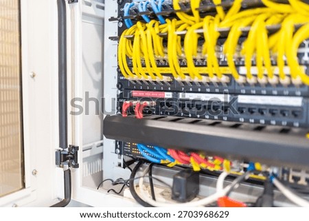 Close-up view of a network rack showcasing organized Ethernet cables in vibrant colors, highlighting advanced technology and efficient data transmission for businesses.
