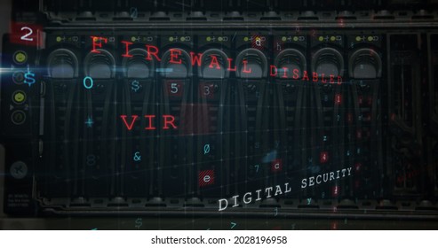 Close-up view of a network server with moving data encryption on the foreground and phrases indicating a cyber crime attack