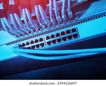 A close-up view of a network switch showing multiple ethernet ports and cables. The blue lighting highlights the technology used for data transmission and connectivity.