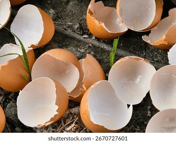 Close-up view of numerous broken eggshells lying on the textured ground.