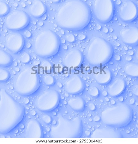 A close-up view of numerous translucent blue water droplets on a reflective surface, creating a sense of tranquility and purity.