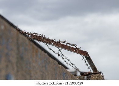 close-up view of old rusty barbed wire with partial focus on mid part of wire under gloomy climate and blurred background