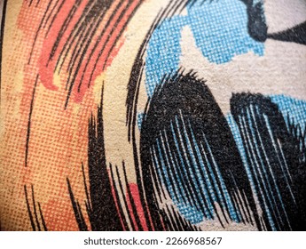 Closeup view of old vintage comic book paper page with abstract line drawings and a colorful dot printing pattern - Powered by Shutterstock