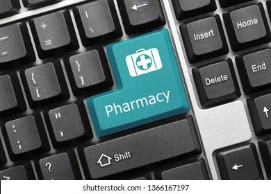 Close-up view on conceptual keyboard - Pharmacy (blue key)