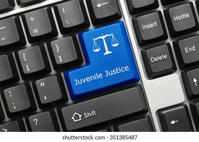 Close-up view on conceptual keyboard - Juvenile Justice (blue key) - Shutterstock ID 351385487