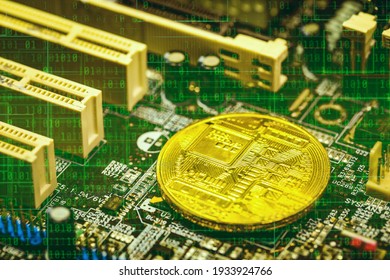 Close-up view on metal physical bitcoin cryptocurrency. BTC placed on top of the motherboard chip. Lots of connections slots and electronical elements around. Binary code with green gradient in the bg