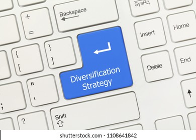 Close-up View On White Conceptual Keyboard - Diversification Strategy (blue Key)