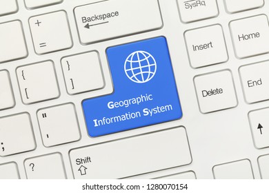 Close-up View On White Conceptual Keyboard - Geographic Information Sysytem (blue Key)