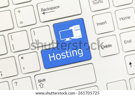 Close-up view on white conceptual keyboard - Hosting (blue key)
