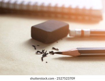 A close-up view of a pencil and eraser on a desk, surrounded by pencil shavings, with a blurred notebook in the background. Ideal for education and creativity themes. - Powered by Shutterstock