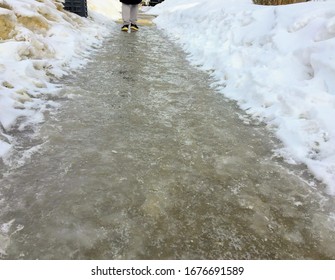 A Closeup View Of Person Walking On Slippery Black Ice Covering A Sidewalk In The Early Morning Of A Residential Neighbourhood During The Winter In Edmonton, Alberta, Canada.