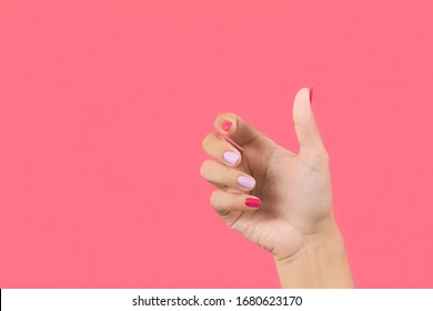 Closeup view photography of one manicured beautiful female hand making gesture by empty hand as if holding invisible object in palm isolated on bright pink background. - Powered by Shutterstock