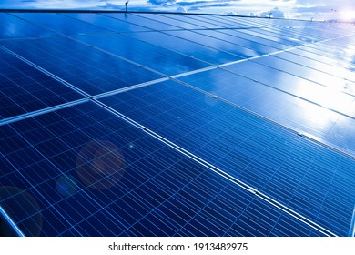 Closeup View Of Photovoltaic Panels Surface Which Installed On The Building's Roof After Washing And Cleaning By The Company's Staffs In The Morning Of The Day.