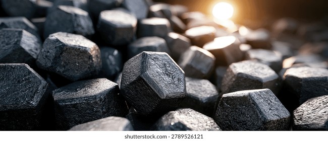 A close-up view of a pile of dark, hexagonal coal briquettes, with a bright sunbeam illuminating the scene from the upper right.