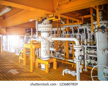 Closeup View Pipe And Line Safety Valae Protect Flow Pipline System Oil And Gas Platform On Offshore Drilling Rig And Process Petroleum.