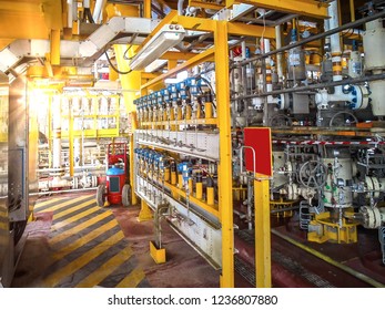 Closeup View Pipe And Line Safety Valae Protect Flow Pipline System Oil And Gas Platform On Offshore Drilling Rig And Process Petroleum.