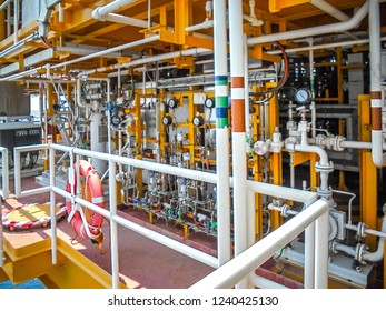 Closeup View Pipe And Line Safety Valae Protect Flow Pipline System Oil And Gas Platform On Offshore Drilling Rig And Process Petroleum.