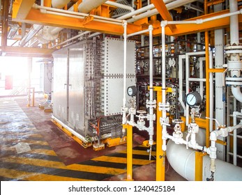 Closeup View Pipe And Line Safety Valae Protect Flow Pipline System Oil And Gas Platform On Offshore Drilling Rig And Process Petroleum.