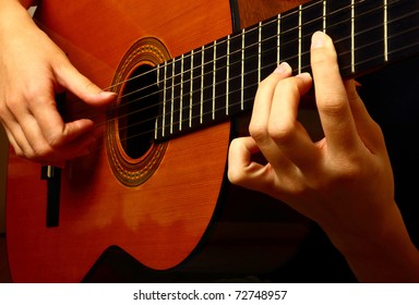 Closeup View Of Playing Classic Spanish Guitar