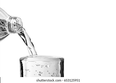 Close-up view of Pouring water over glass on white background with space for text