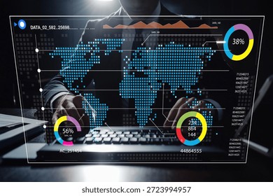 A close-up view of a professional analyzing data with a digital interface, featuring a world map and charts that represent market trends and statistical insights.